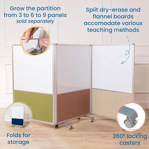 ECR4Kids Mobile Dry-Erase and Flannel Split Room Divider, 3-Panel, School Supplies, Contemporary in Saudi Arabia