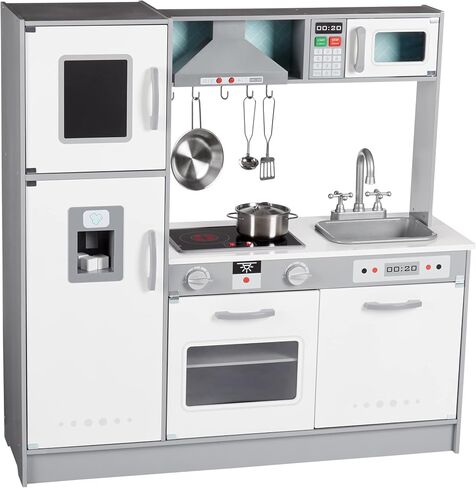 Amazon Basics Kids Upright Wooden Kitchen Toy Playset with Stove, Oven, Sink, Fridge and Accessories, for Toddlers, Preschoolers, Children Age 3+ Years, White & Gray, 39"L x 11.8"W x 39'H' in Saudi Arabia