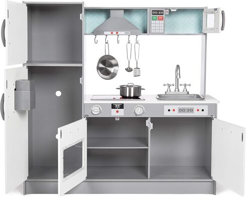 Amazon Basics Kids Upright Wooden Kitchen Toy Playset with Stove, Oven, Sink, Fridge and Accessories, for Toddlers, Preschoolers, Children Age 3+ Years, White & Gray, 39"L x 11.8"W x 39'H' in Saudi Arabia