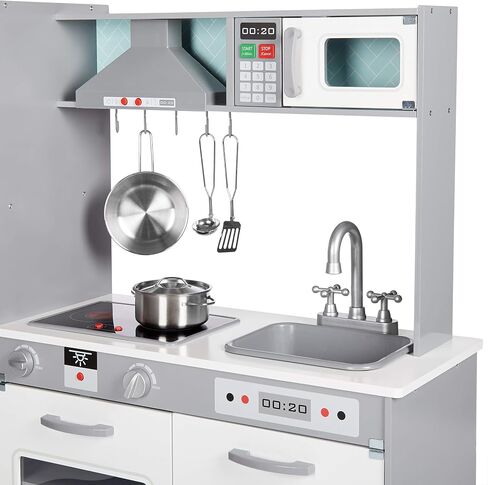 Amazon Basics Kids Upright Wooden Kitchen Toy Playset with Stove, Oven, Sink, Fridge and Accessories, for Toddlers, Preschoolers, Children Age 3+ Years, White & Gray, 39"L x 11.8"W x 39'H' in Saudi Arabia