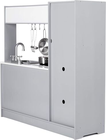 Amazon Basics Kids Upright Wooden Kitchen Toy Playset with Stove, Oven, Sink, Fridge and Accessories, for Toddlers, Preschoolers, Children Age 3+ Years, White & Gray, 39"L x 11.8"W x 39'H' in Saudi Arabia