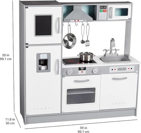 Amazon Basics Kids Upright Wooden Kitchen Toy Playset with Stove, Oven, Sink, Fridge and Accessories, for Toddlers, Preschoolers, Children Age 3+ Years, White & Gray, 39"L x 11.8"W x 39'H' in Saudi Arabia