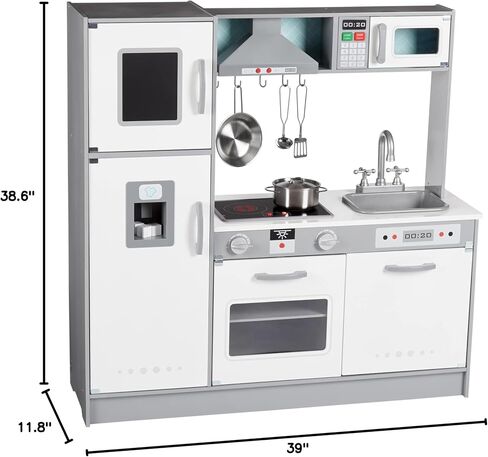 Amazon Basics Kids Upright Wooden Kitchen Toy Playset with Stove, Oven, Sink, Fridge and Accessories, for Toddlers, Preschoolers, Children Age 3+ Years, White & Gray, 39"L x 11.8"W x 39'H' in Saudi Arabia