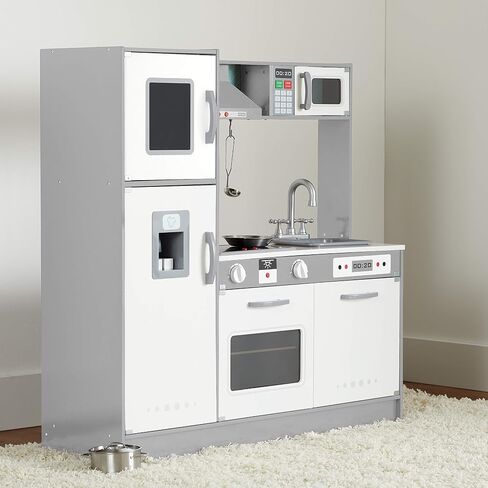 Amazon Basics Kids Upright Wooden Kitchen Toy Playset with Stove, Oven, Sink, Fridge and Accessories, for Toddlers, Preschoolers, Children Age 3+ Years, White & Gray, 39"L x 11.8"W x 39'H' in Saudi Arabia
