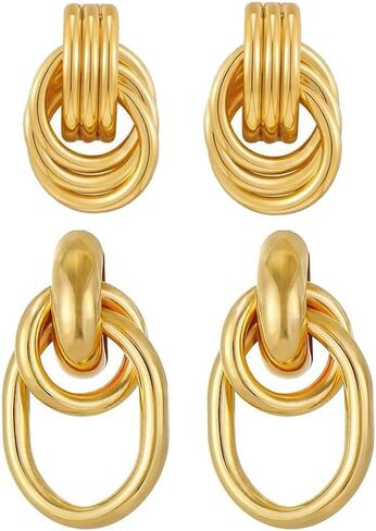 2 Pairs Chunky Gold Knot Earrings for Women Statement Geometric Drop Dangle Earrings Gold Twisted Earrings Jewelry in Saudi Arabia