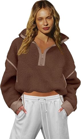 LAMISSCHE Half Zip Sweatshirt Women Oversized Sherpa Jacket V Neck Fleece Pullover Hoodie with Pockets in Kuwait