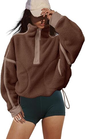 LAMISSCHE Half Zip Sweatshirt Women Oversized Sherpa Jacket V Neck Fleece Pullover Hoodie with Pockets in Kuwait