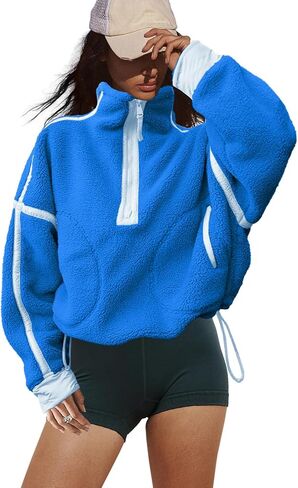 LAMISSCHE Half Zip Sweatshirt Women Oversized Sherpa Jacket V Neck Fleece Pullover Hoodie with Pockets in Kuwait