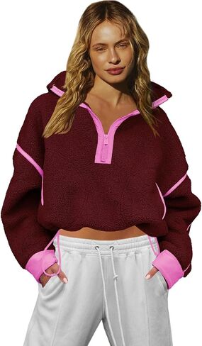 LAMISSCHE Half Zip Sweatshirt Women Oversized Sherpa Jacket V Neck Fleece Pullover Hoodie with Pockets in Kuwait