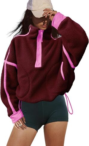 LAMISSCHE Half Zip Sweatshirt Women Oversized Sherpa Jacket V Neck Fleece Pullover Hoodie with Pockets in Kuwait