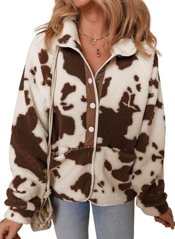 Dokotoo Women Fleece Jacket Casual Long Sleeve Sherpa Button Down Jackets for Women Printed Warm Coats With Pockets in Saudi Arabia