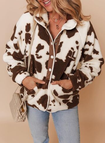 Dokotoo Women Fleece Jacket Casual Long Sleeve Sherpa Button Down Jackets for Women Printed Warm Coats With Pockets in Saudi Arabia