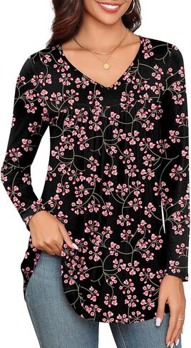 LAOLASI Womens Long Sleeve Tunic Tops V Neck Casual Dressy T Shirts Loose Fit Wear with Leggings Blouses Fall Tops for Women in Saudi Arabia