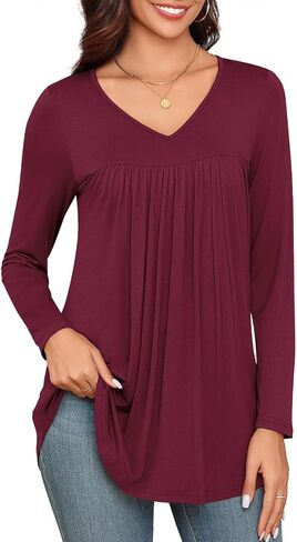 LAOLASI Womens Long Sleeve Tunic Tops V Neck Casual Dressy T Shirts Loose Fit Wear with Leggings Blouses Fall Tops for Women in Kuwait