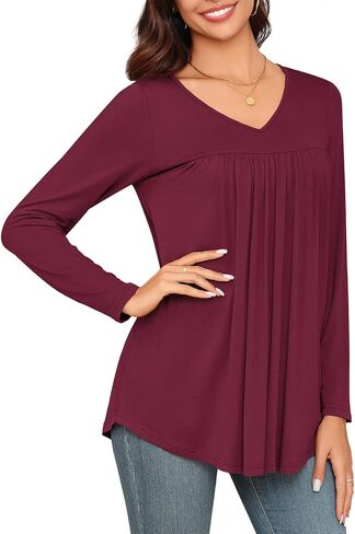 LAOLASI Womens Long Sleeve Tunic Tops V Neck Casual Dressy T Shirts Loose Fit Wear with Leggings Blouses Fall Tops for Women in Kuwait