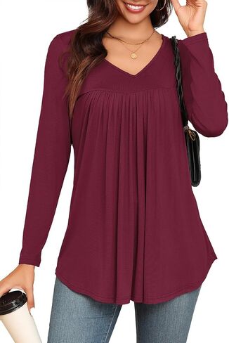LAOLASI Womens Long Sleeve Tunic Tops V Neck Casual Dressy T Shirts Loose Fit Wear with Leggings Blouses Fall Tops for Women in Kuwait