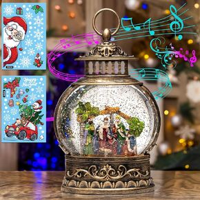 Christmas Snow Globe Lantern Swirling Glittering Manger Magi with Music,USB Lined or Battery Operated Lighted Water Lantern for Thanksgiving Christmas Decoration Gifts