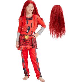 Girl Red Costume with Wig Rise Red Princess Kids Hallowen Party Dress up Jumpsuit
