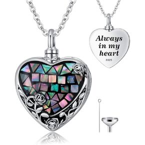 TOUPOP Heart Locket Necklace/Urn Necklace for Ashes 925 Sterling Silver Rose Flower Abalone Shell Jewelry Gifts for Women