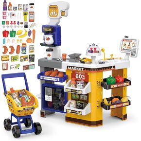 deAO Supermarket Playset for Kids with Working Scanner Register Toy Pretend Play,Kids Grocery Store Playset Play Food Accessories,Christams Birthday Gift for 3 4 5 Kids Boys Girls