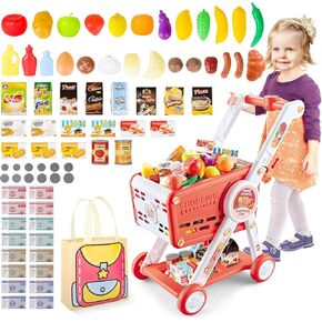 deAO Toy Shopping Cart for Kids,75 Pcs Trolley Play Set with Pretend Food Fruits Vegetables and Accessorie, Grocery Shopping Cart Pretend Play and Role Play Kitchen Toys (Green)