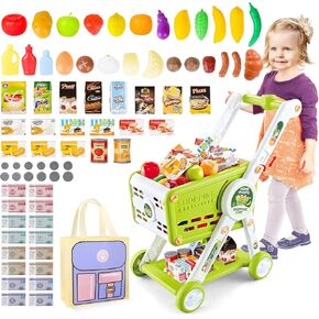deAO Toy Shopping Cart for Kids,75 Pcs Trolley Play Set with Pretend Food Fruits Vegetables and Accessorie, Grocery Shopping Cart Pretend Play and Role Play Kitchen Toys (Green)