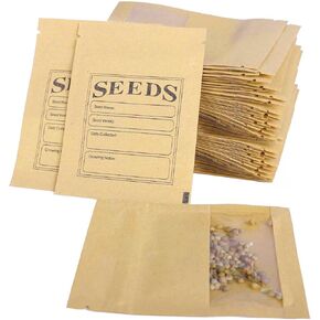 100 Pack Small Resealable Seed Coin Envelopes with Clear Window 2.75x3.74 inch Brown Kraft Paper Sample Seed Packets Envelopes with Preprinted Seed Collecting Template for Seed Storage Organizer