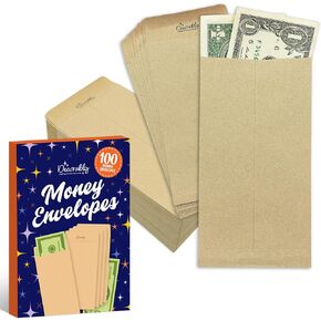 Decorably 100 Pack Kraft Small Money Envelopes for Cash, Small Coin Envelopes 3.5 x 6.5, Brown Small Envelopes for Money, 3.5x6.5" Small Cash Envelopes for Money, Bank Envelopes for Cash Envelope