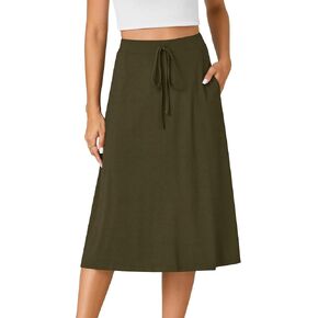 Women’s Casual High Waist A Line Midi Skirt Flared Drawstring Stretchy Skirt