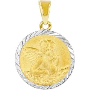 Solid 14k Yellow Gold Round Guardian Angel Medallion Charm Pendant