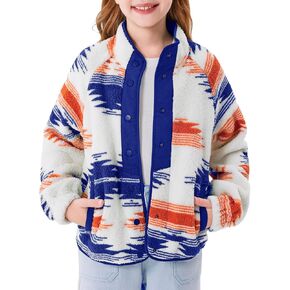 Haloumoning Girls Fleece Jacket Kids Western Aztec Print Sherpa Outerwear with Pockets 5-14 Years