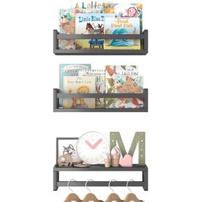 Natural Solid Wood Shelves, Wall Bookshelf, Set of 3 Floating Book Shelves for Wall. Elegant Hollow Design is The First Choice for Home, Nursery Wall Decor, Bathroom, and Kitchen (Black, 23.6)