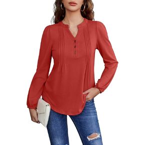Long Sleeve Shirts for Women Buttons V Neck Fall Blouses Fashion Casual Loose Fit Pleated Tunic Tops