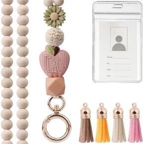 2024 Teacher Lanyard with ID Holder, Fashion Wood Beaded Lanyard for Key, Super Cute Boho Breakaway Lanyard for Women