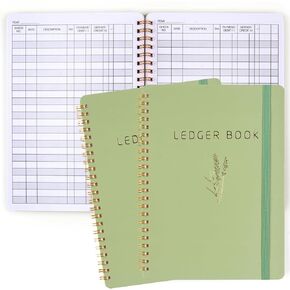 Utron Budget Book, 2PCS Ledger Book, 5.8" x 8.3" Beige Accounting Ledger Book, Spiral Design Ledger Book for Business or Personal Bookkeeping, Tracking Money in and Out (Green)