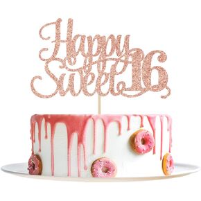 غلاف كعكة Happy Sweet 16 من الذهب الوردي اللامع - ديكور كعكة عيد ميلاد سعيد 16 - مرحبًا بعمر 16 عامًا، مستلزمات تزيين حفلات أعياد الميلاد بعمر 16 عامًا