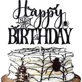 Black Glitter Happy Birthday Cake Topper, Happy Booday/Happy Halloween Birthday, Funny Ghoust Scary Halloween Themed Birthday Party Decorations for Kids