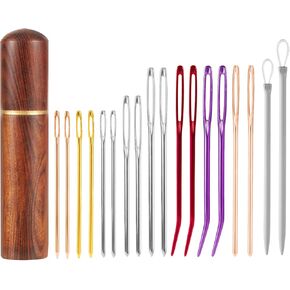 19pcs Large Eye Sewing Needles Kit, Colorful Big Eye Embroidery Needles Steel Bent Tapestry Needles Hand Knitting Needle with Wooden Case for Quilting Crochet Weaving Beading Project