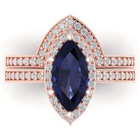 Clara Pucci 2.48 ct Marquise Cut Blue Sapphire 14k White Gold Halo Solitaire with Accents Wedding Bridal Promise Ring Band Set