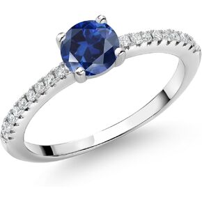 Gem Stone King 925 Sterling Silver 5MM Round Gemstone Birthstone and White Lab Grown Diamond Engagement Ring | Wedding Anniversary Promise Ring For Women | Available In Size 5, 6, 7, 8, 9