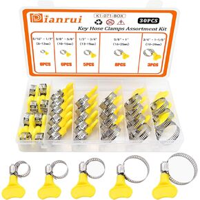 Dianrui 30 PCS Key-Type Hose Clamps Assortment Kit 5/16"-1-1/8"(8-29mm) Thumb Screw Hose Clamps Stainless Steel for Pipe,Fuel Line, Plumbing, Intercooler and Tube