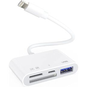 قارئ بطاقة اس دي لايفون من لايتنينج الى محول كاميرا USB 4 في 1 محول او تي جي انثى متوافق مع بطاقة SD/TF وقارئ بطاقة الذاكرة ومحول USB 3.0 محمول ومحول بطاقة اس دي مع منفذ شحن سريع
