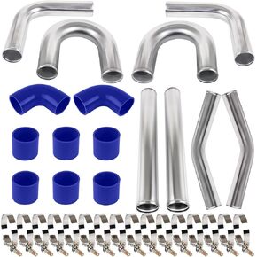 3" 60cm Universal Aluminum Intercooler Pipe Kit Polished Aluminum 3 inch Turbo Intercooler Pipe+8 Blue Hose+16 Clamps Kit