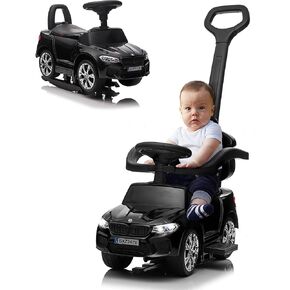 Push Car for Kids, Licensed M5 4-in-1 Push Pedal Ride on Car for Baby, Foot to Floor Sliding Ride-on with Push Bar, Leather Seat, LED Lights, Horn, Foot Rest & Rocking Chair Rails (Blue)
