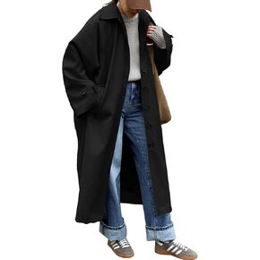 Tankaneo Womens Long Trench Coat Single Breasted Oversized Windproof Classic Lapel Fall Overcoat