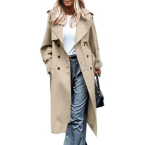 LILLUSORY Womens Double Breasted Long Trench Coat Dressy Overcoat with Belt Fall Winter Fashion Trendy Clothes Outfits 2024