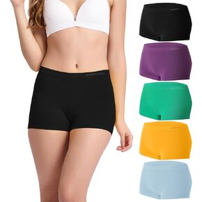 BAMBOO COOL Women's Boyshort Panties Seamless High Waist Underwear Stretchy Moisture Wicking Boxer Briefs for Ladies 5 Pack