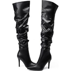 Feinlina Black Over The Knee Thigh High Boots For Women Sexy Pointed Toe Side Zipper Leather Pleaser Boots