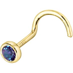 Solid 14K Gold Nose Screw Stud Bezel Set Alexandrite 22G Cork-screw Nose Stud - 14K White Gold / 14K Yellow Gold June Birthstone Nose Ring Stud in Kuwait
