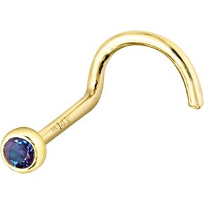 Solid 14K Gold Nose Screw Stud Bezel Set Alexandrite 22G Cork-screw Nose Stud - 14K White Gold / 14K Yellow Gold June Birthstone Nose Ring Stud